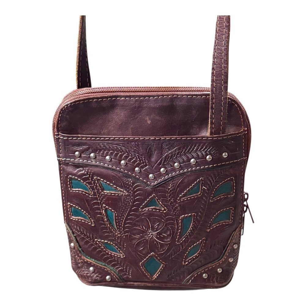 Vintage Western Brown Tooled Leather Crossbody Bag Green Inlays & Stud Accents